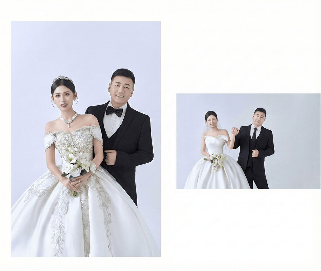 这张图片展示了一组简约高雅的婚纱照拼图。左侧为半身特写，新娘身着华丽白纱，妆容精致，新郎西装笔挺，两人笑容灿烂；右侧为全身合影，新人牵手伫立，互动温馨自然。整体背景纯净，完美定格了幸福浪漫的瞬间。