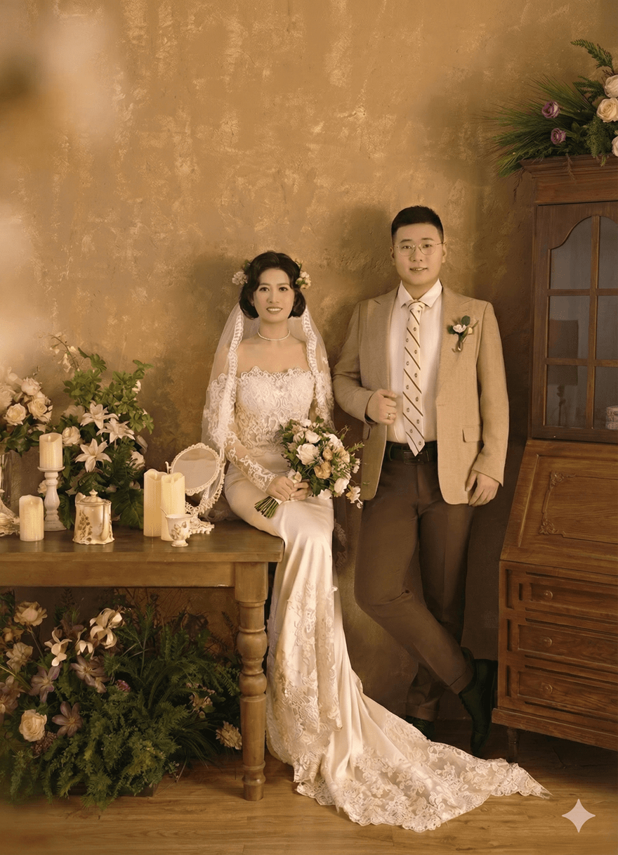 这是一张充满复古韵味的婚纱照。新娘身着精致的蕾丝白纱，优雅地坐在木桌旁；新郎身穿米色西装，戴着眼镜温文尔雅地伫立在侧。暖黄色的背景搭配繁花、烛台与实木家具，营造出一种温馨、浪漫且经典的幸福氛围。