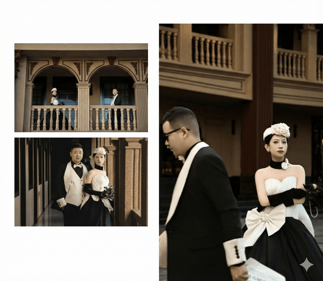 这是一组充满复古韵味的婚纱照。新人身着经典的黑白撞色礼服，展现出优雅的高级感。新娘佩戴精致的复古礼帽与手套，新郎造型绅士。背景为庄重的欧式建筑，拱门与回廊营造出电影般的浪漫氛围，整体风格时尚且耐看。