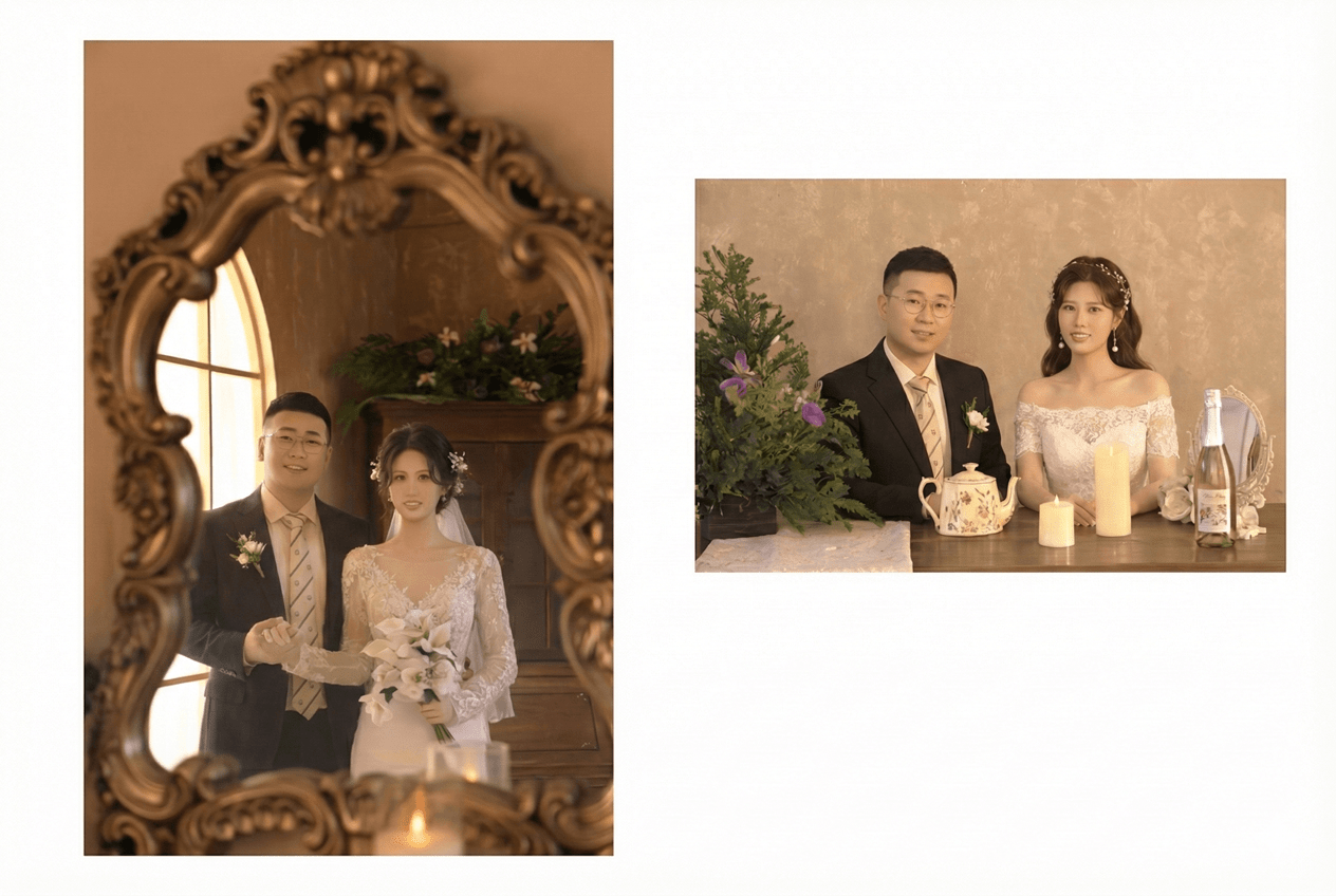 这是一组充满复古浪漫气息的婚纱照...