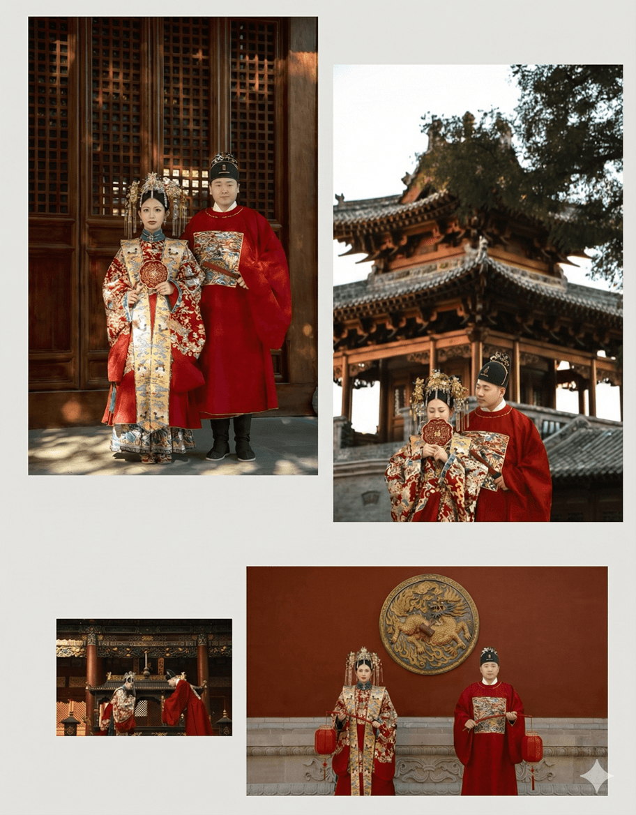 这是一组极具东方韵味的中式婚纱照拼图。新人身着华丽的传统明制风格凤冠霞帔与官服，衣饰绣工精美，色彩庄重喜庆。背景衬以古朴的亭台楼阁与红墙金龙，完美融合了古典建筑美学与婚礼的端庄大气，寓意吉祥美满。