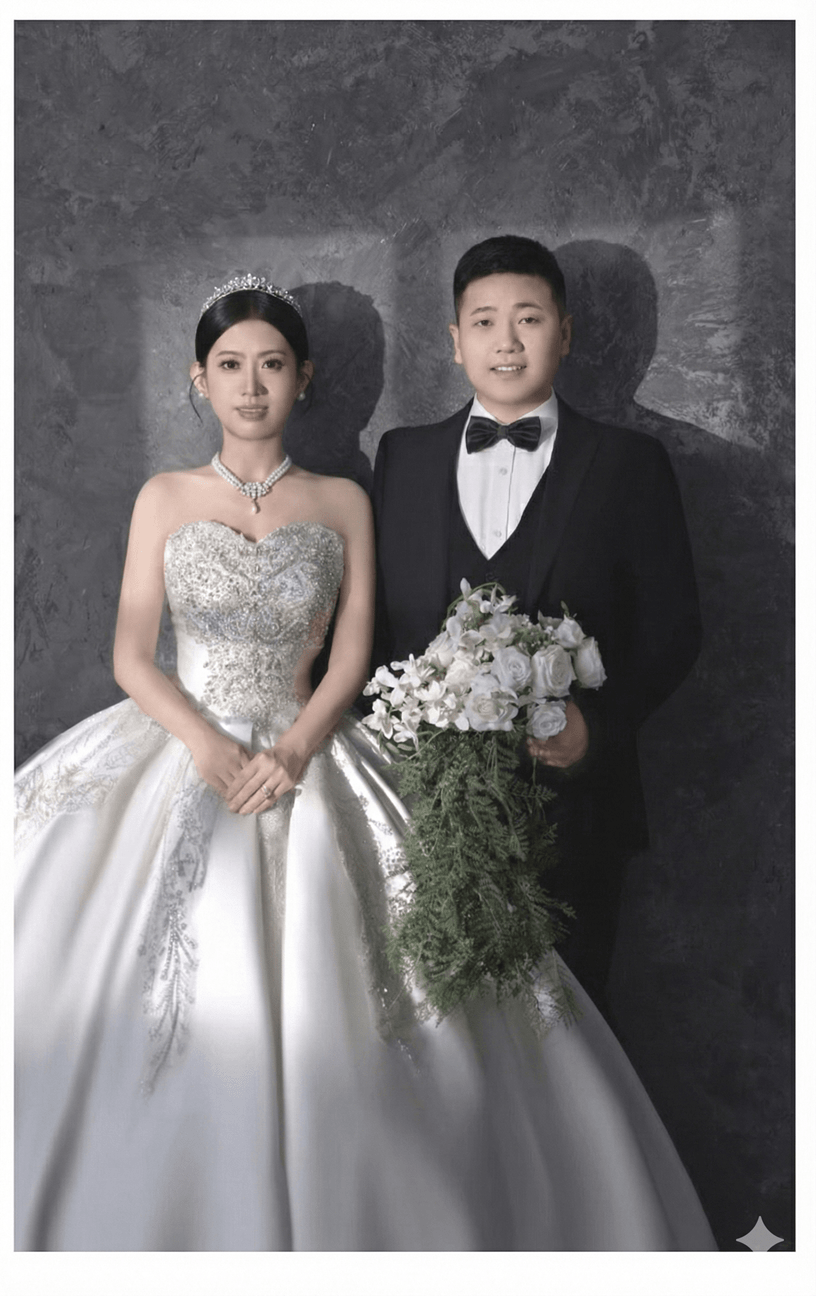 这是一张典雅的室内婚纱照。新娘身穿精致的抹胸白纱，头戴皇冠，气质高贵；新郎身着黑色西装配领结，手捧白绿相间的花束。灰色背景墙搭配富有层次的光影，完美衬托出新人庄重而甜蜜的幸福时刻。